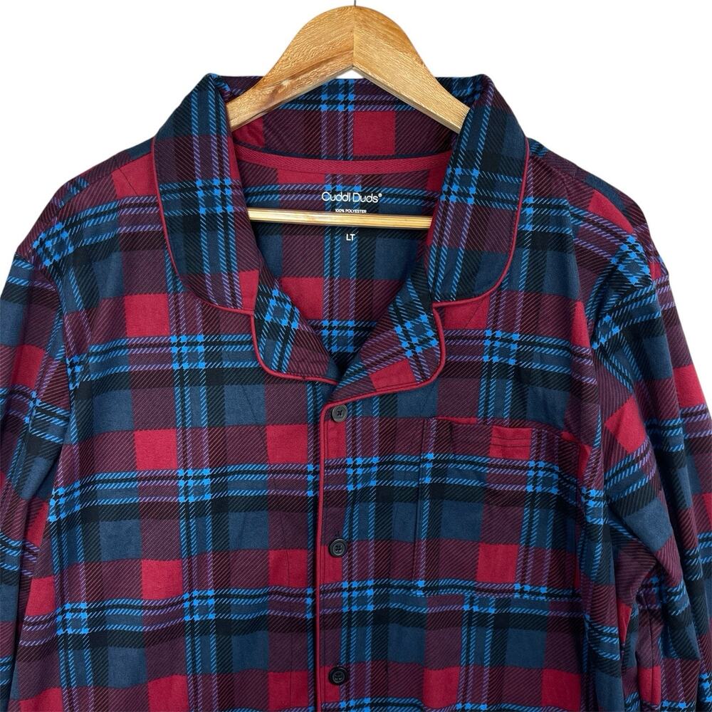 Cuddl Duds Men's LT Long Tall Sleep Shirt Fleece Red Blue Plaid Cozy Cabincore